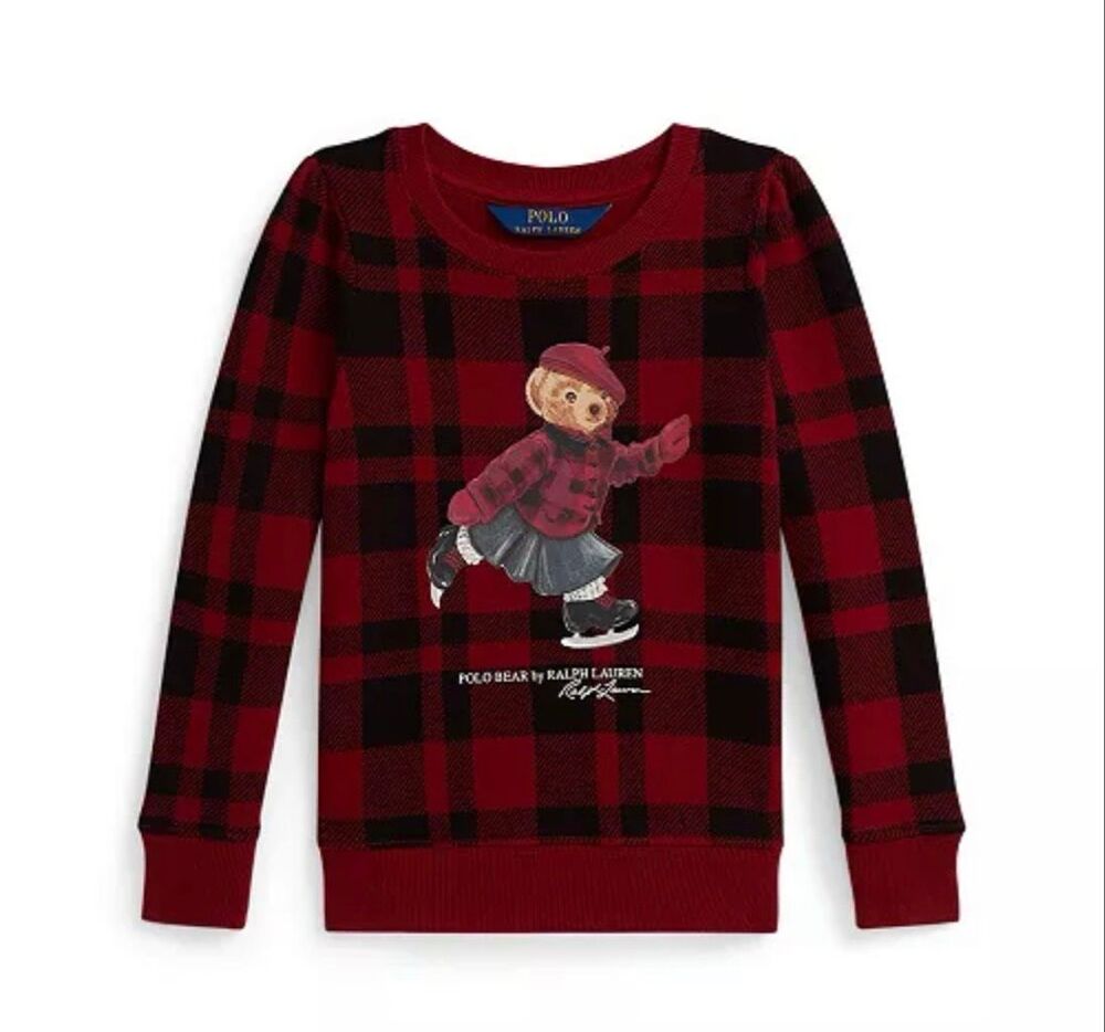 Polo Ralph Lauren Ice-Skating Bear Edged Overcheck Holiday Long-Sleeve Plaid Swe